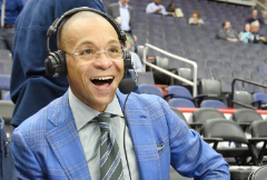 Gus Johnson courtside before a recent broadcast.
